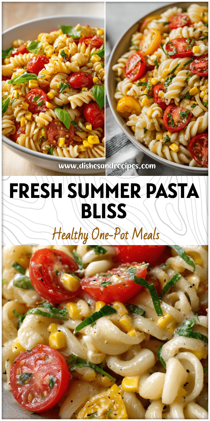 A bowl of Corn And Pasta Salad with tomatoes, herbs, and colorful summer ingredients on a light table.